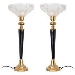 Pair of Ezan Opalescent Glass Brass and Wood Table Lamp France, 1930s