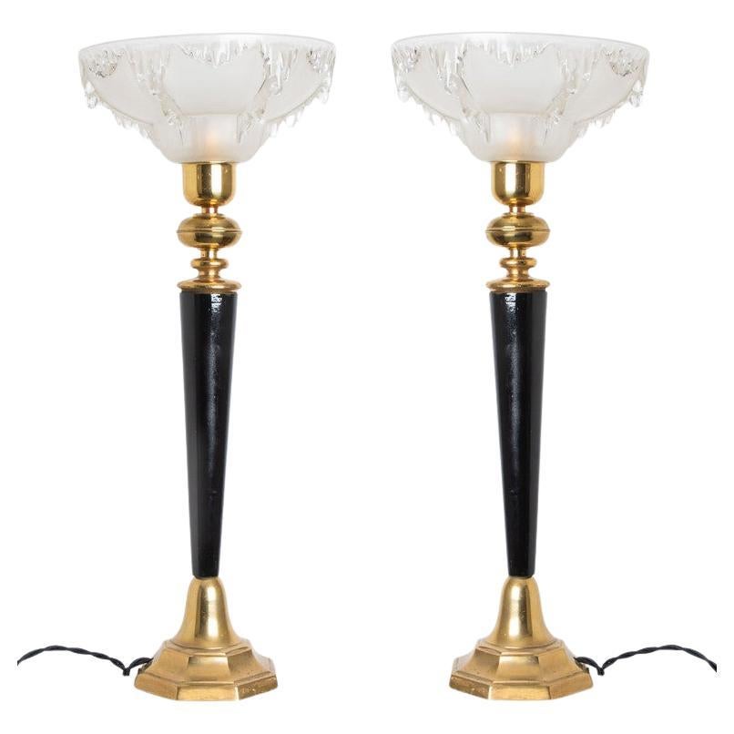 Pair of Ezan Opalescent Glass Brass and Wood Table Lamp France, 1930s For Sale