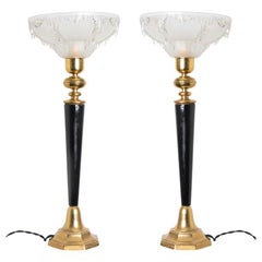 Vintage Pair of Ezan Opalescent Glass Brass and Wood Table Lamp France, 1930s
