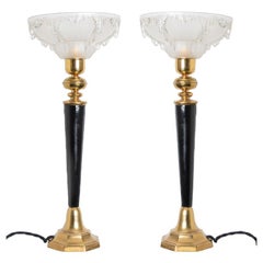 Pair of Ezan Opalescent Glass Brass and Wood Table Lamp France, 1930s