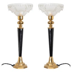 Vintage Pair of Ezan Opalescent Glass Brass and Wood Table Lamp France, 1930s