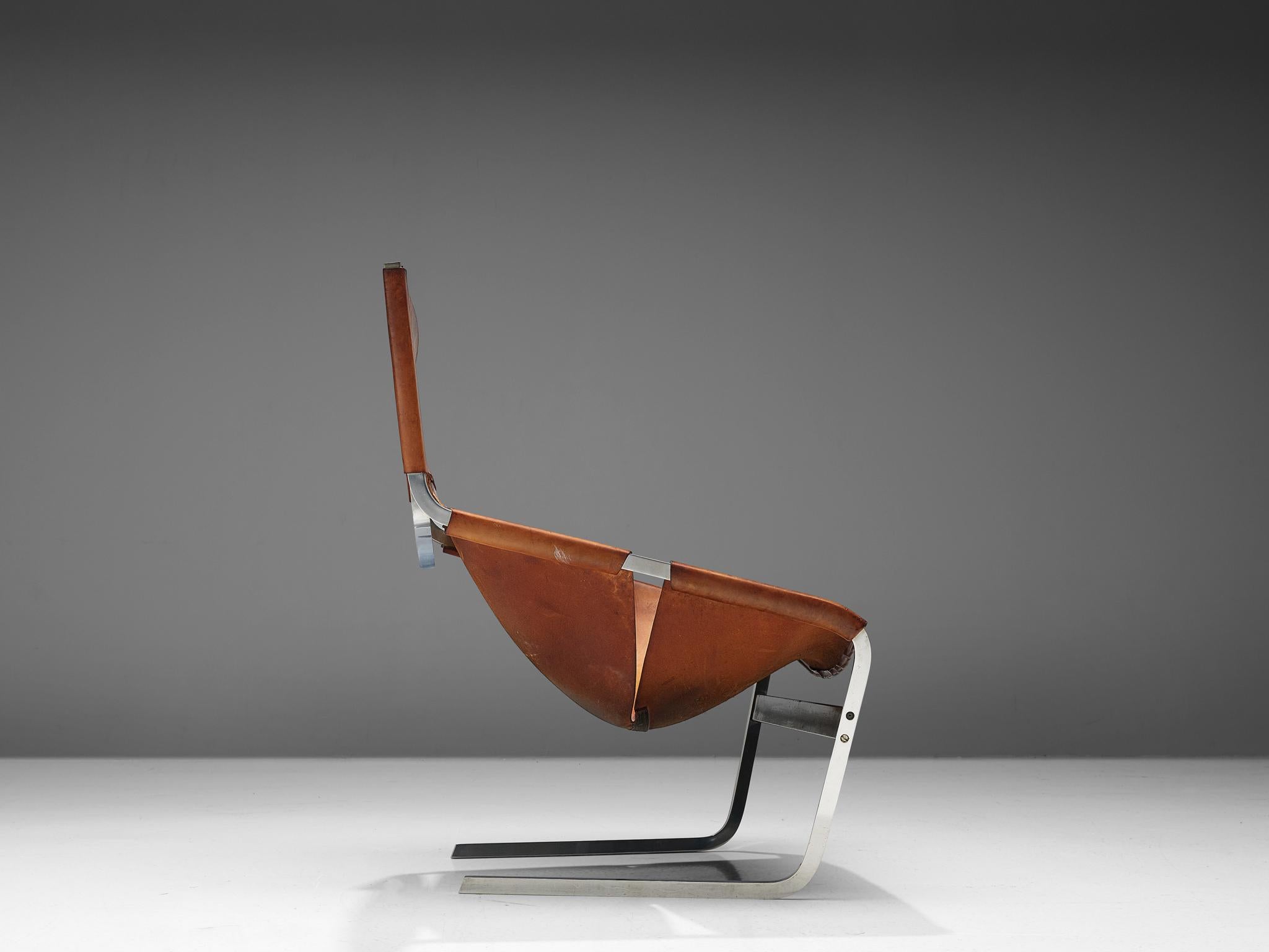 Metal 'F-444' Easy Chair in Cognac Leather by Pierre Paulin