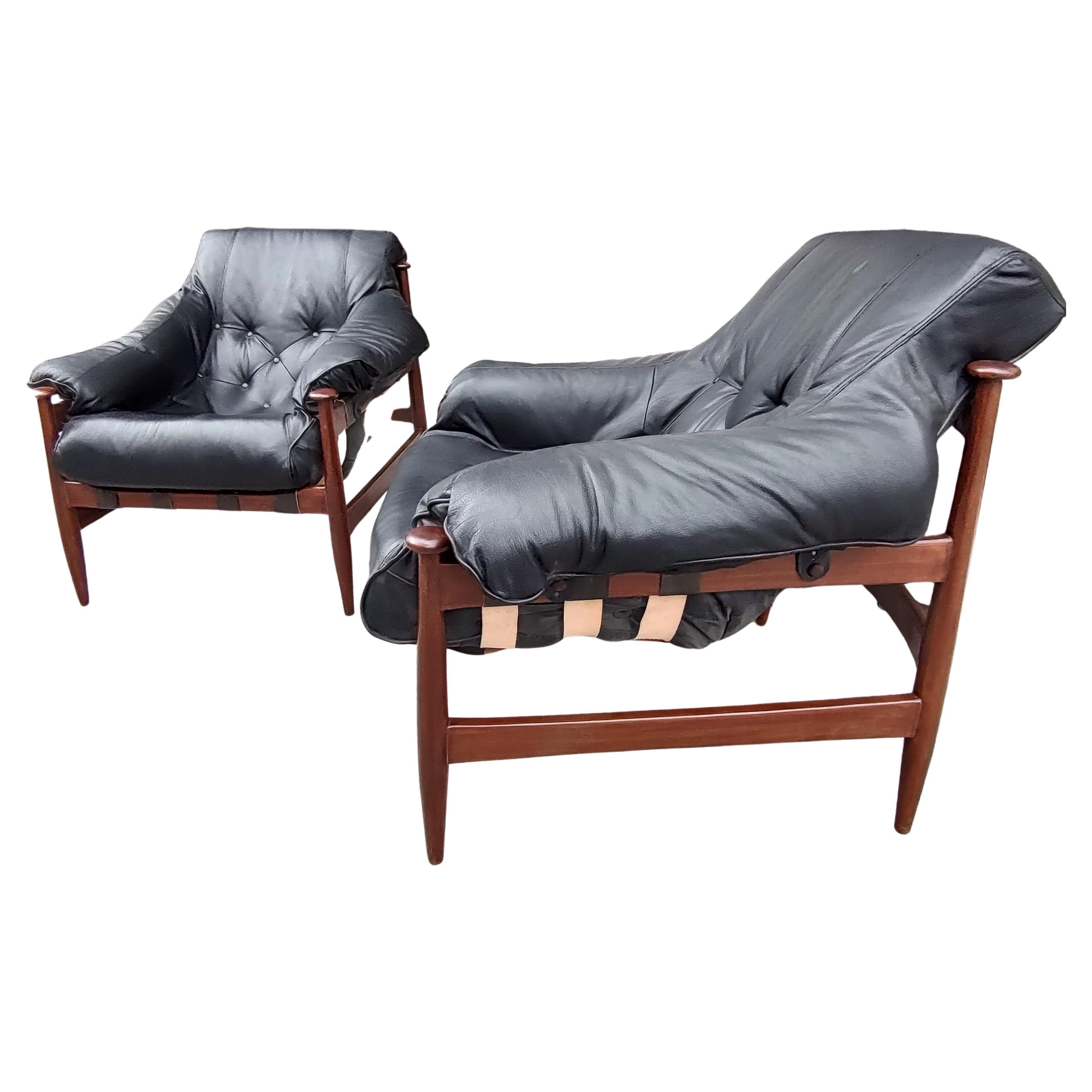 Pair of Mid Century Modern Sculptural Mahogany & Leather Lounge Chairs