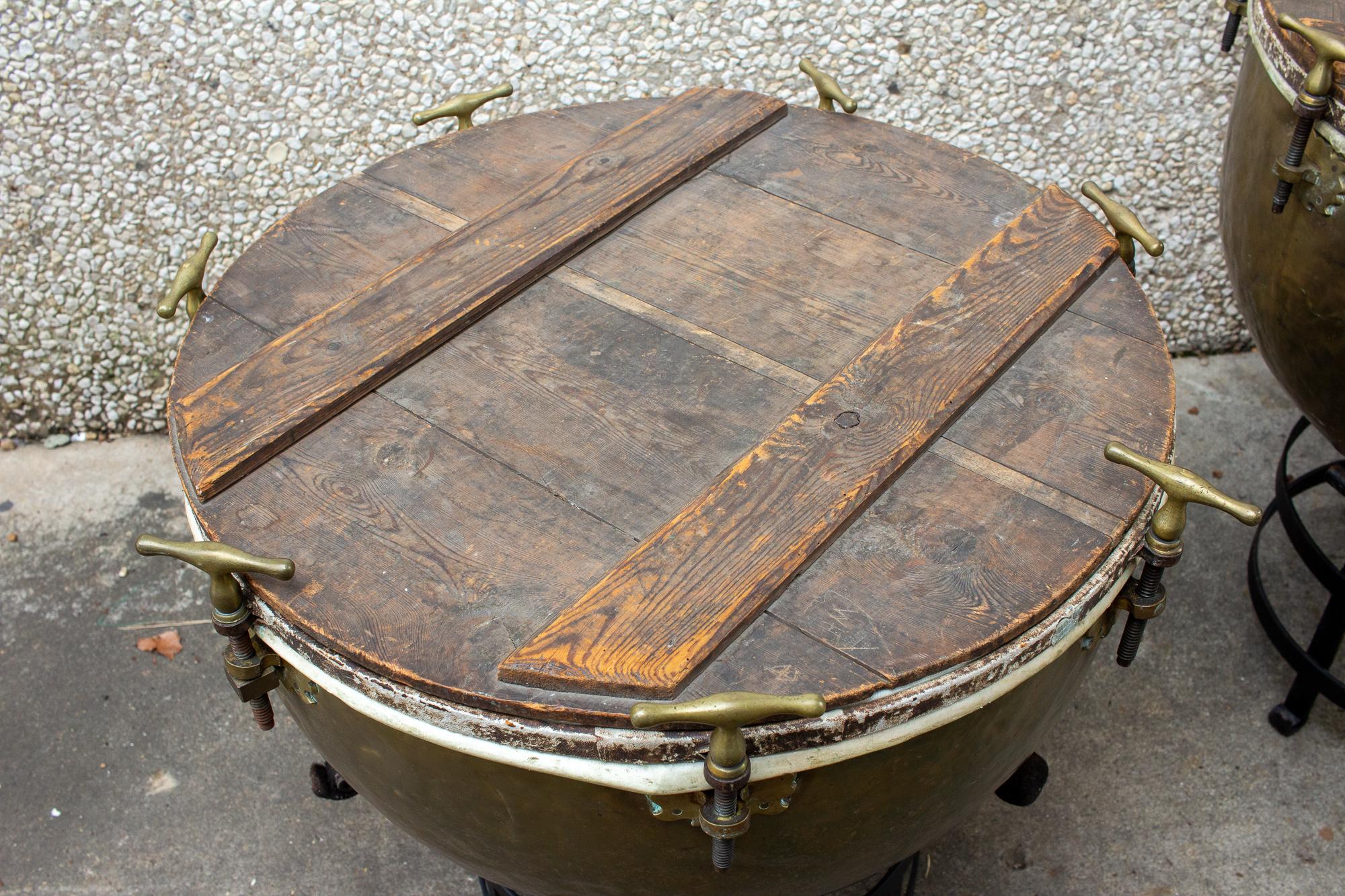 Pair of F. Van Cauwelaert 19th Century Belgian Timpani Drums and End Tables In Fair Condition In Houston, TX