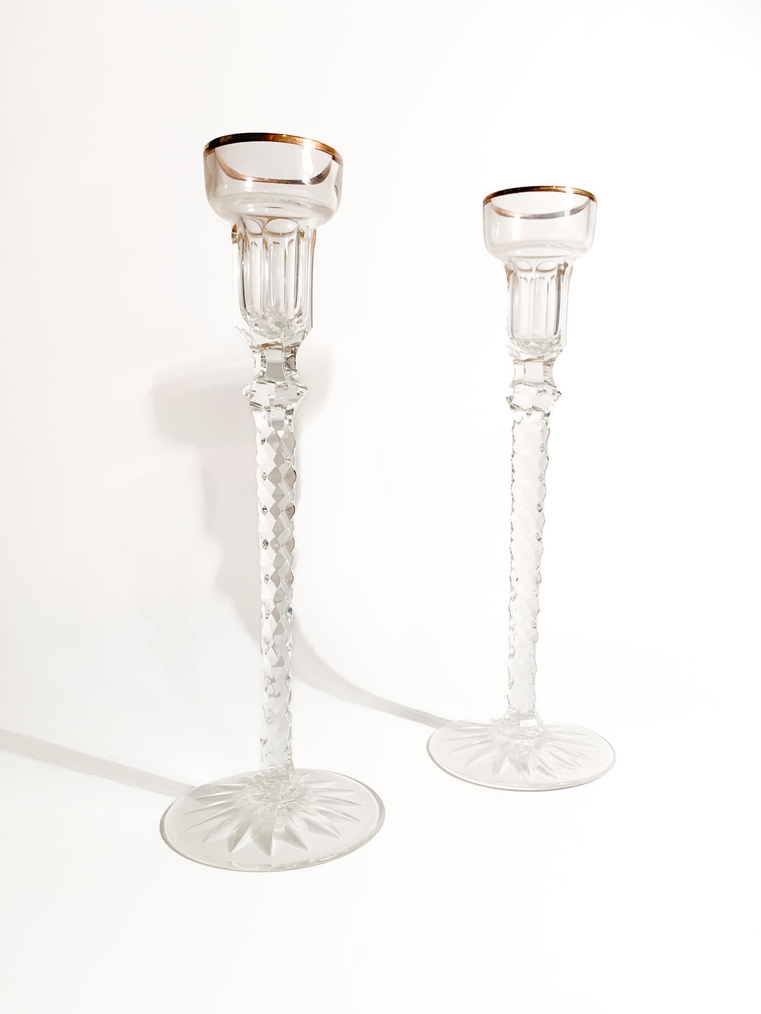 Mid-20th Century Pair of Fabergè Imperial Crystal Candlesticks Michael Palace 1940s