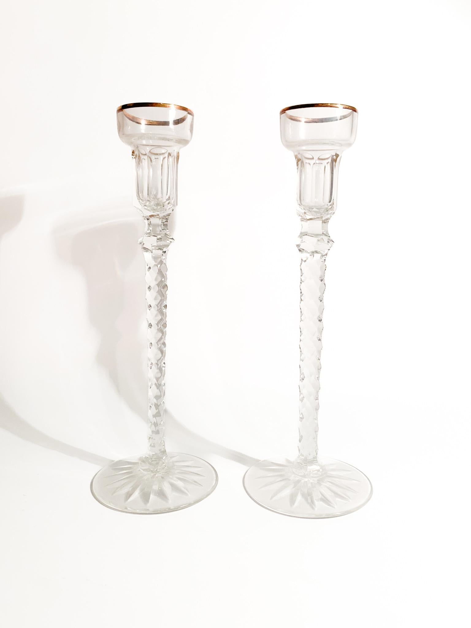 Pair of Fabergè Imperial Crystal Candlesticks Michael Palace 1940s 1