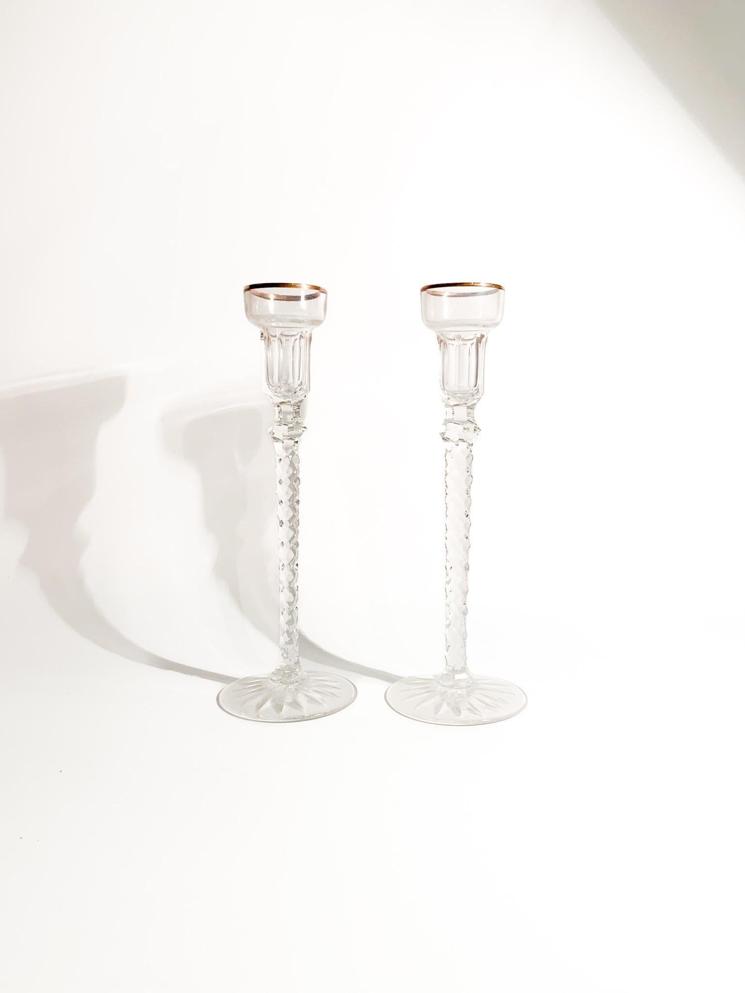 Pair of Fabergè Imperial Crystal Candlesticks Michael Palace 1940s 2