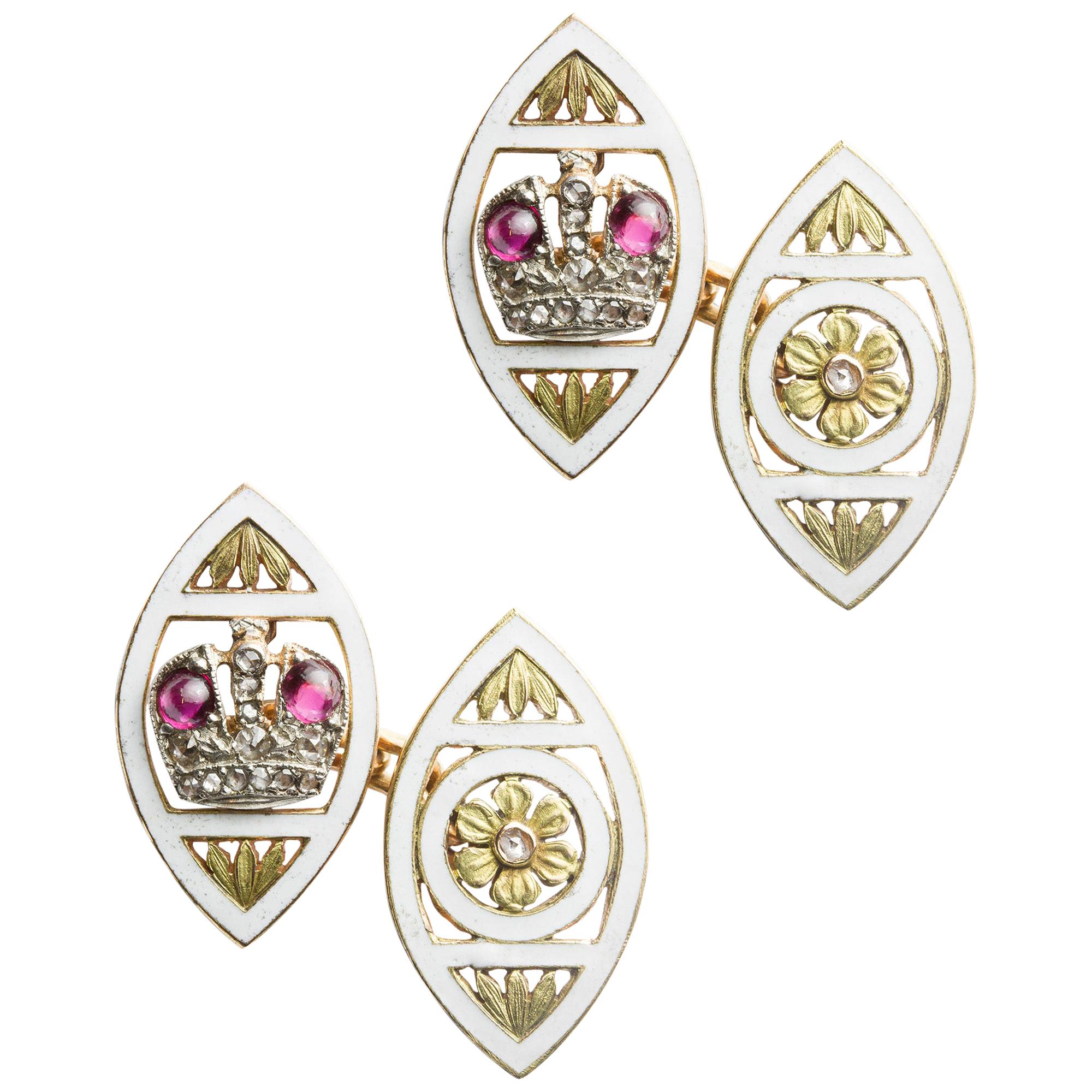 Pair of Faberge Ruby, Rose Diamond and Enamel Cufflinks