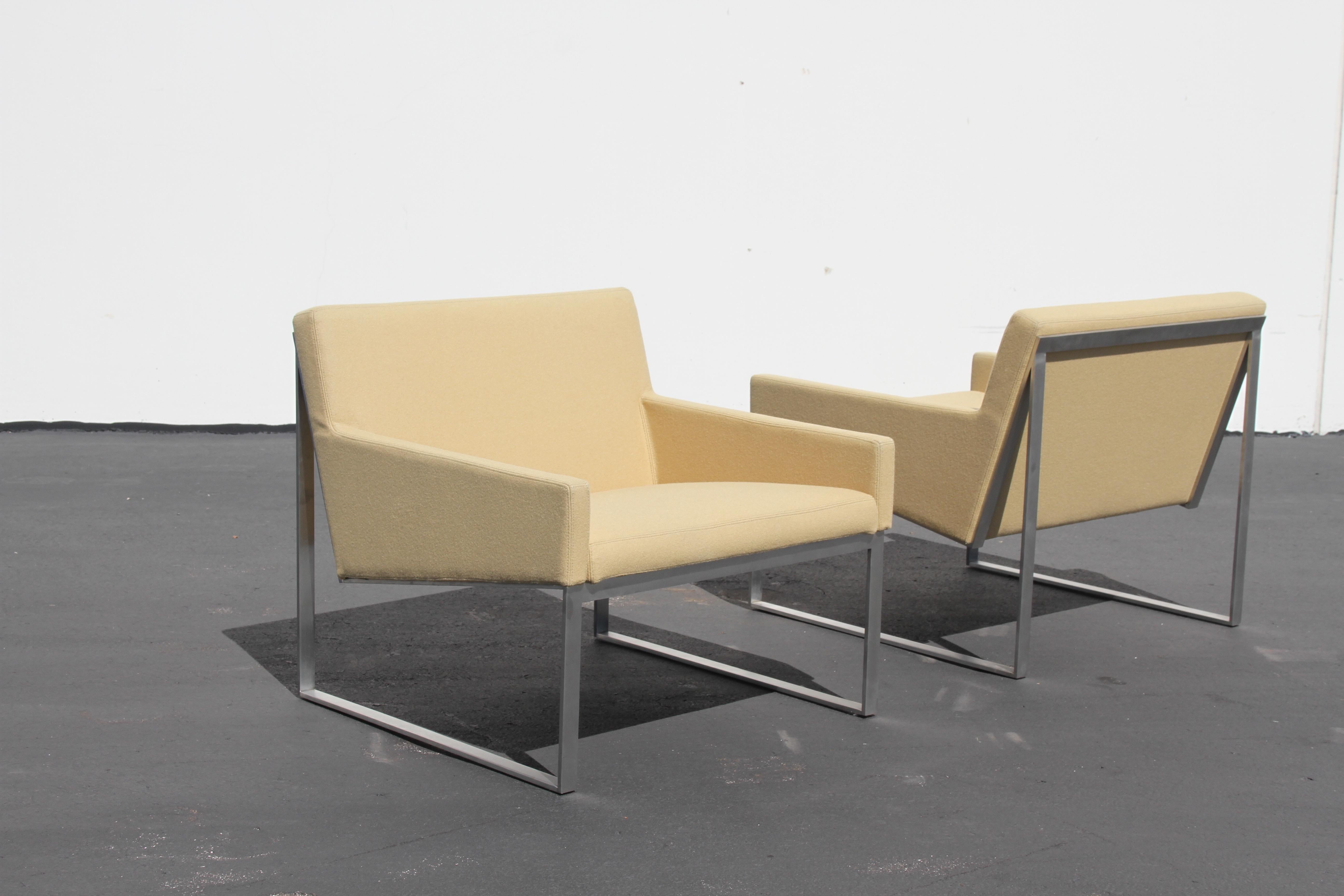Paris born Fabien Baron designed b.3 lounge chairs for Bernhardt Design. Brushed nickel frames, with blended fiber wool like upholstery. Gently used, 2015 production. Simplicity at its best, very well built and elegant design. Minor scuffs to metal,