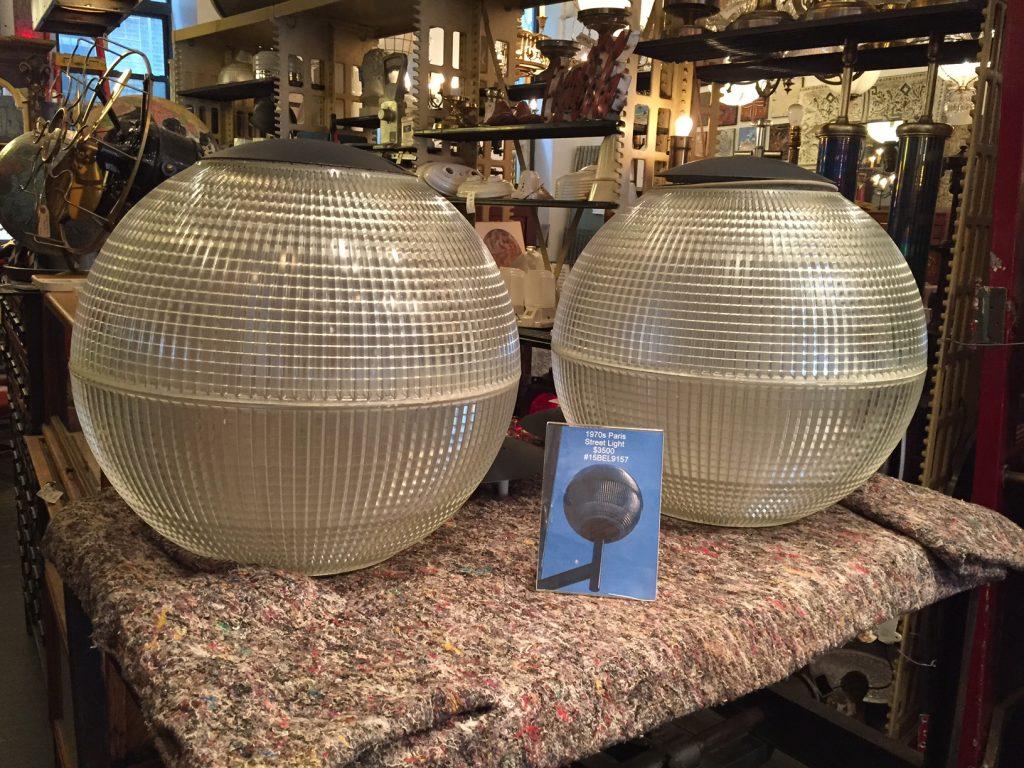 Mid-20th Century Pair of Fabulous Authentic Parisian Streetlight Spherical Pendants