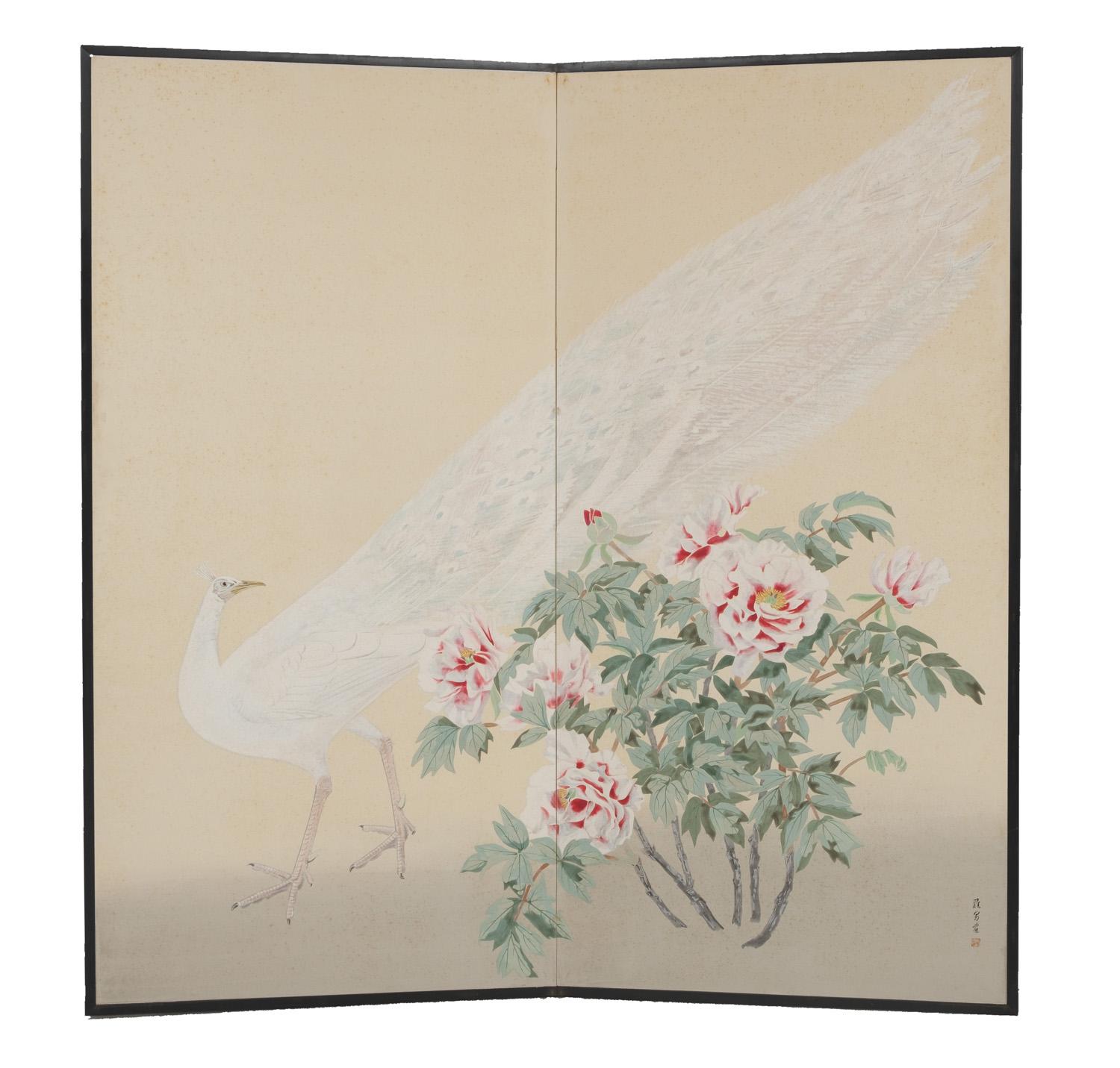 Showa Pair of Fabulous Japanese White Peacock Two-Fold Folding Screen Room-Dividers