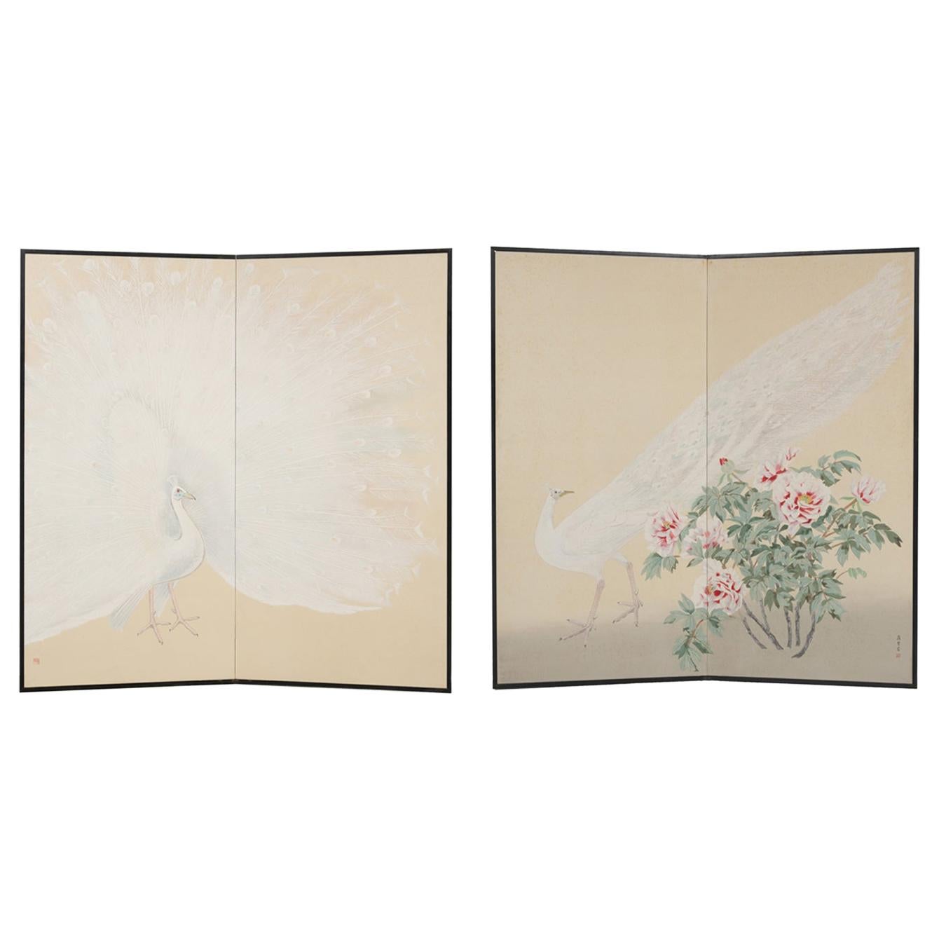 Pair of Fabulous Japanese White Peacock Two-Fold Folding Screen Room-Dividers