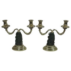 Pair of Fabulous Signed Cartier French Silver Gilt and Jade Candelabra