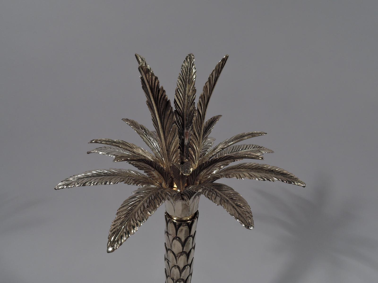 Italian Pair of Fabulous Tiffany Gilt Sterling Silver Palm Tree Candlesticks