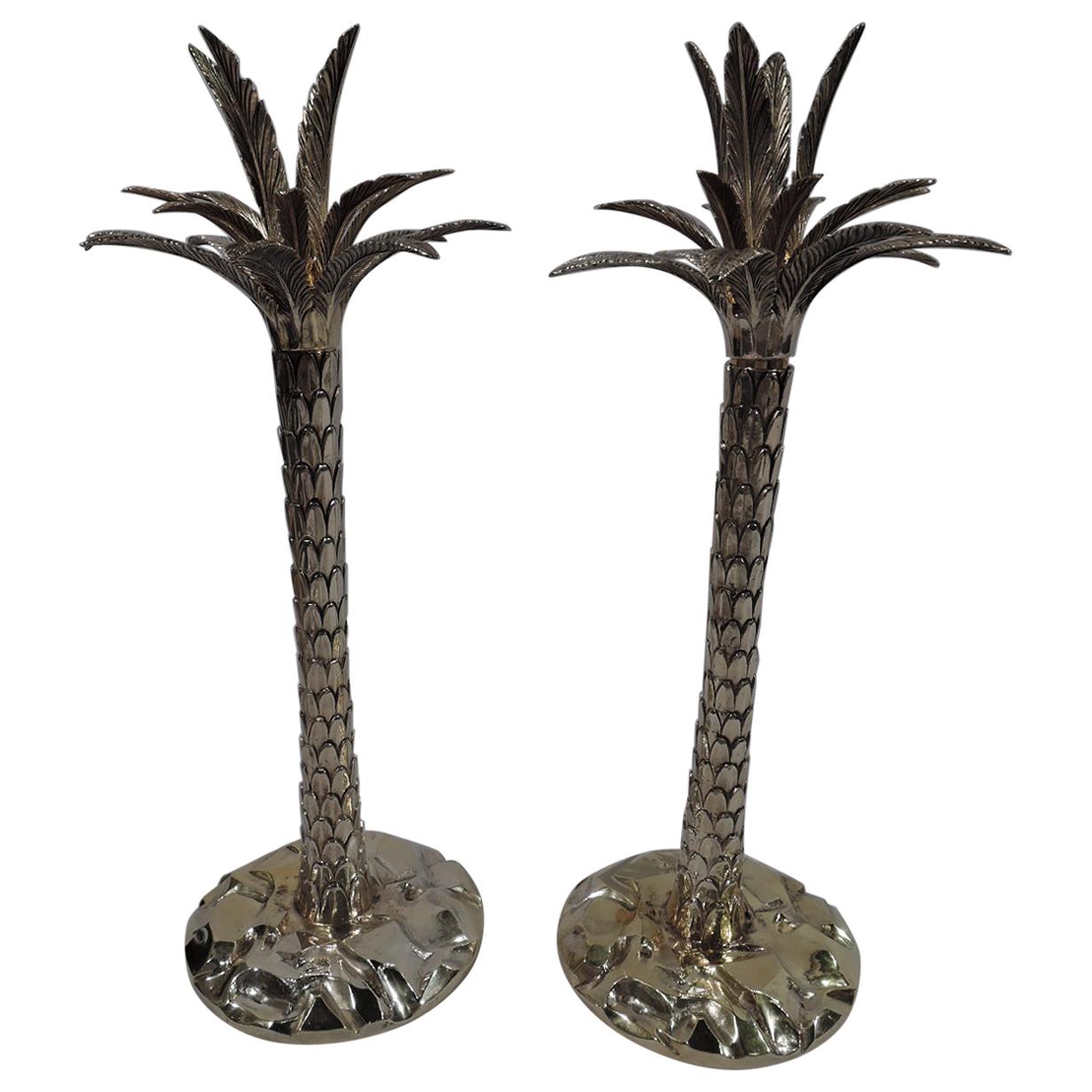 Pair of Fabulous Tiffany Gilt Sterling Silver Palm Tree Candlesticks
