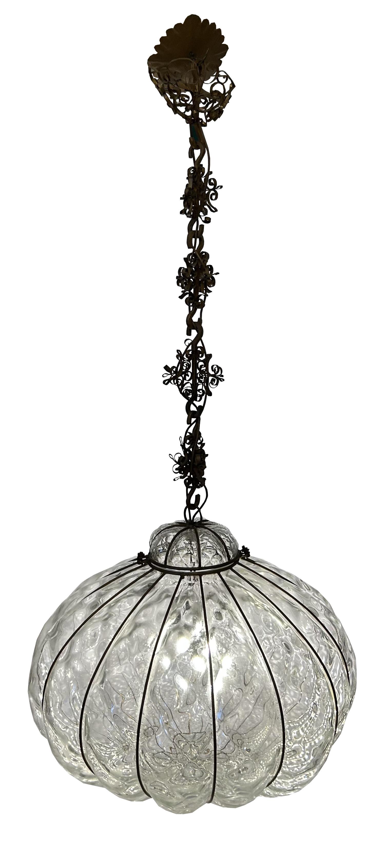 Gorgeous, extremely rare. High quality glass. The hight indicated in the dimensions section includes the chain. The glass piece only is 35 cm high. 