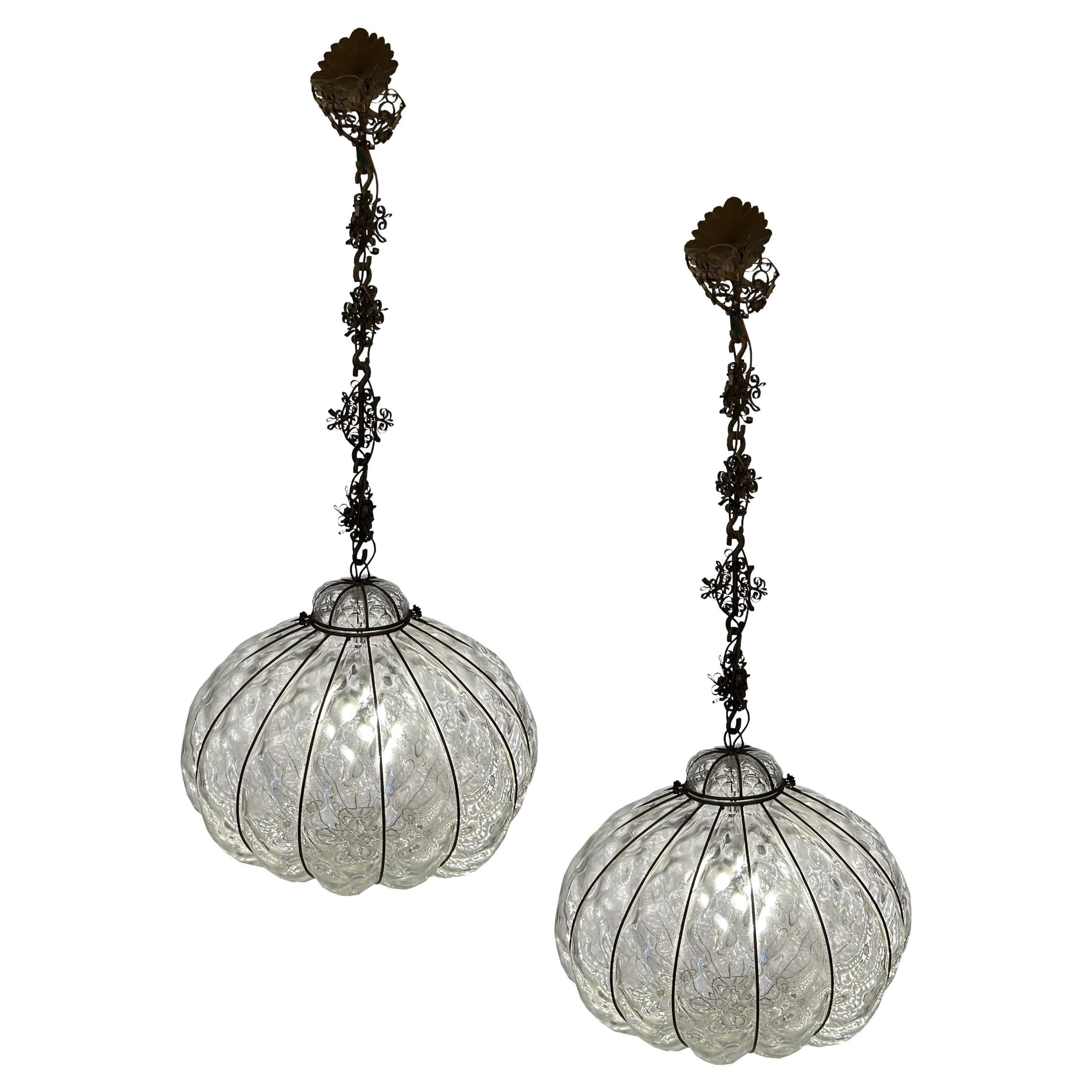 Pair of Fabulous Venetian Lanterns, Murano Glass, 1980's