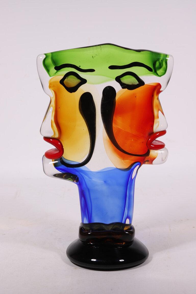 Hand-Crafted Pair of faces in blown Murano glass For Sale