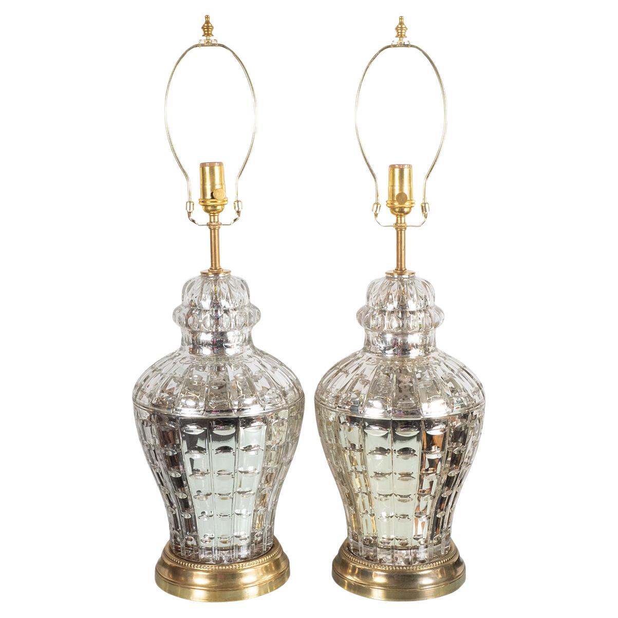 Pair of Faceted and Etched Mercury Glass Lamps For Sale