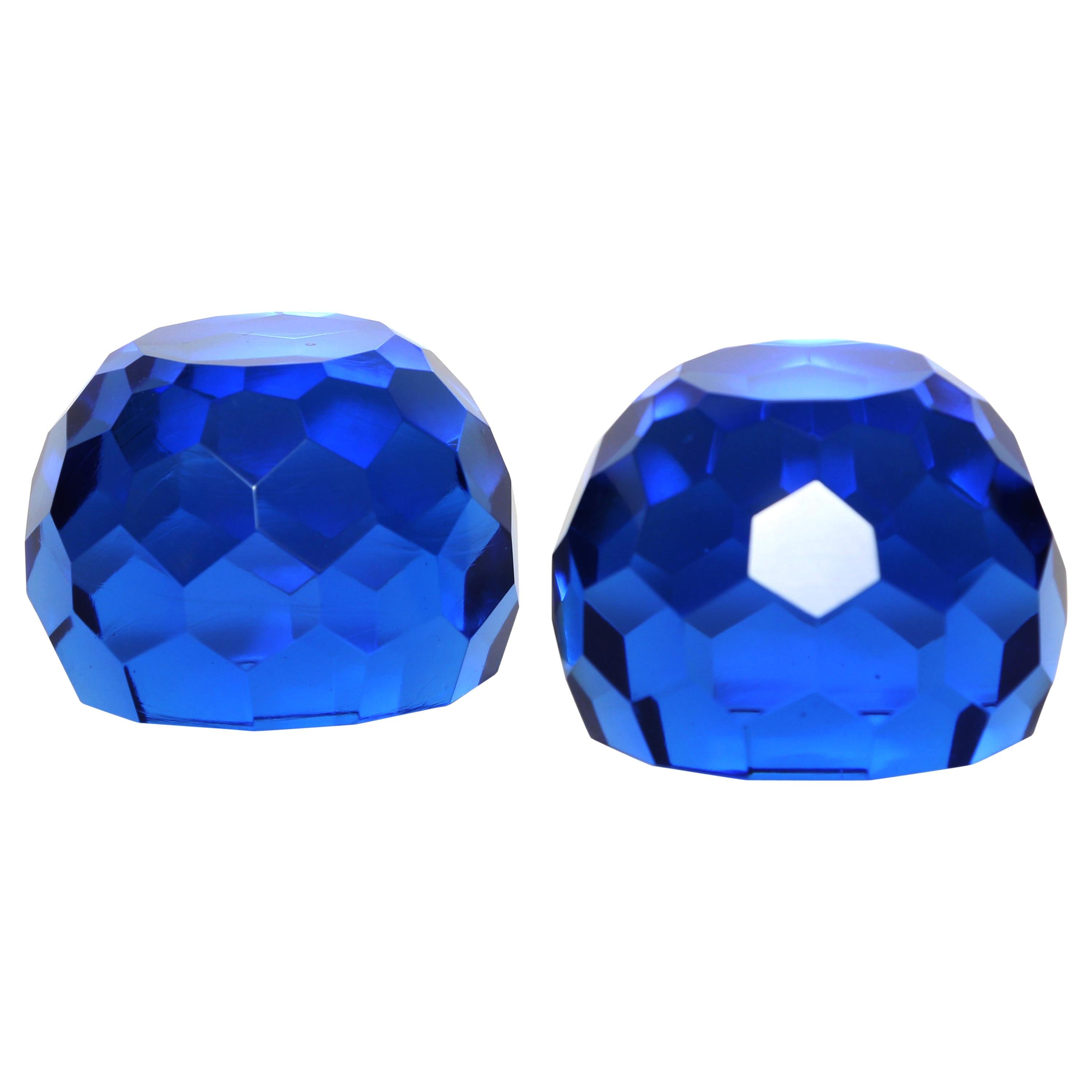 Matched Pair of Cobalt Blue Faceted Crystal Paperweights