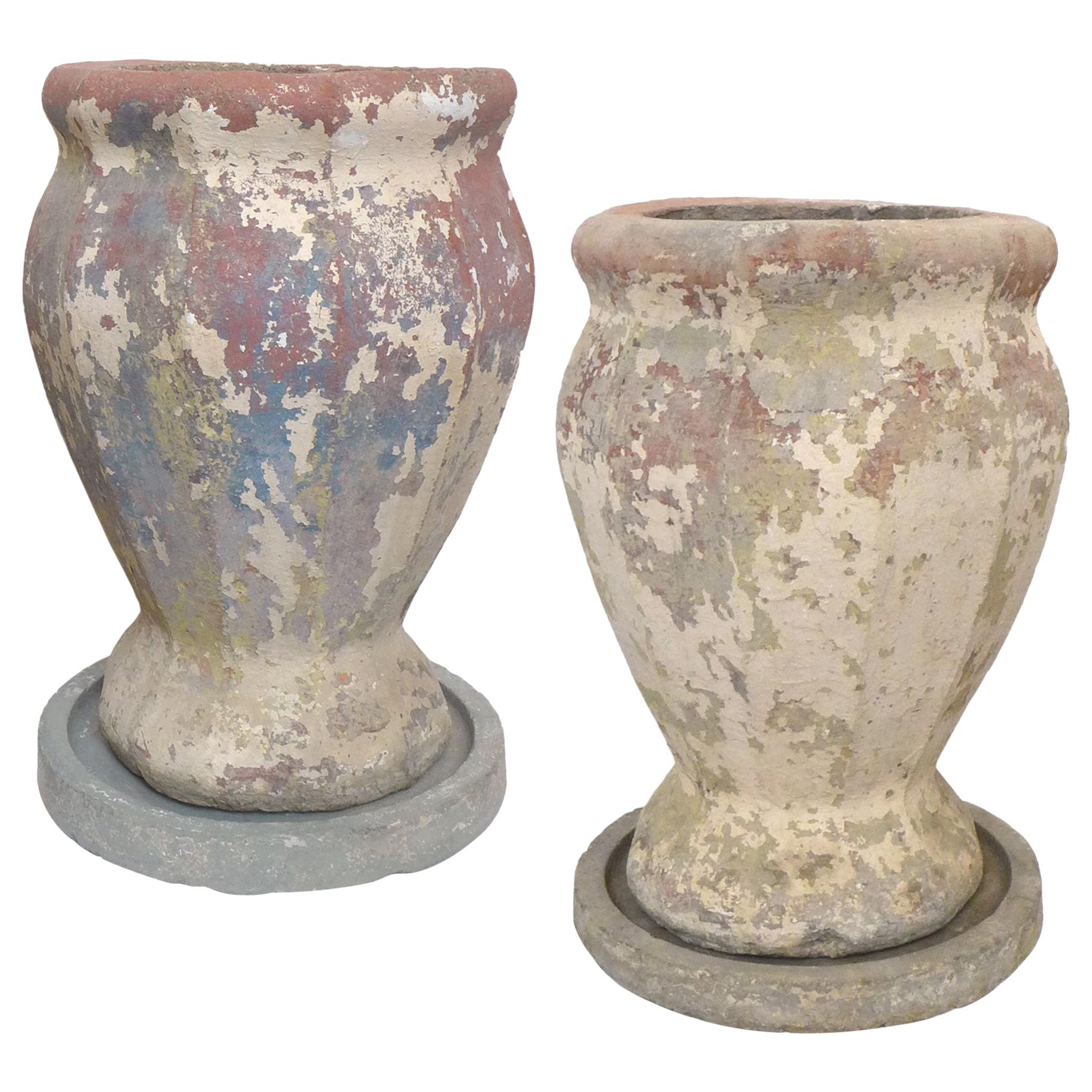 Pair of Faceted Cast Stone Planters For Sale