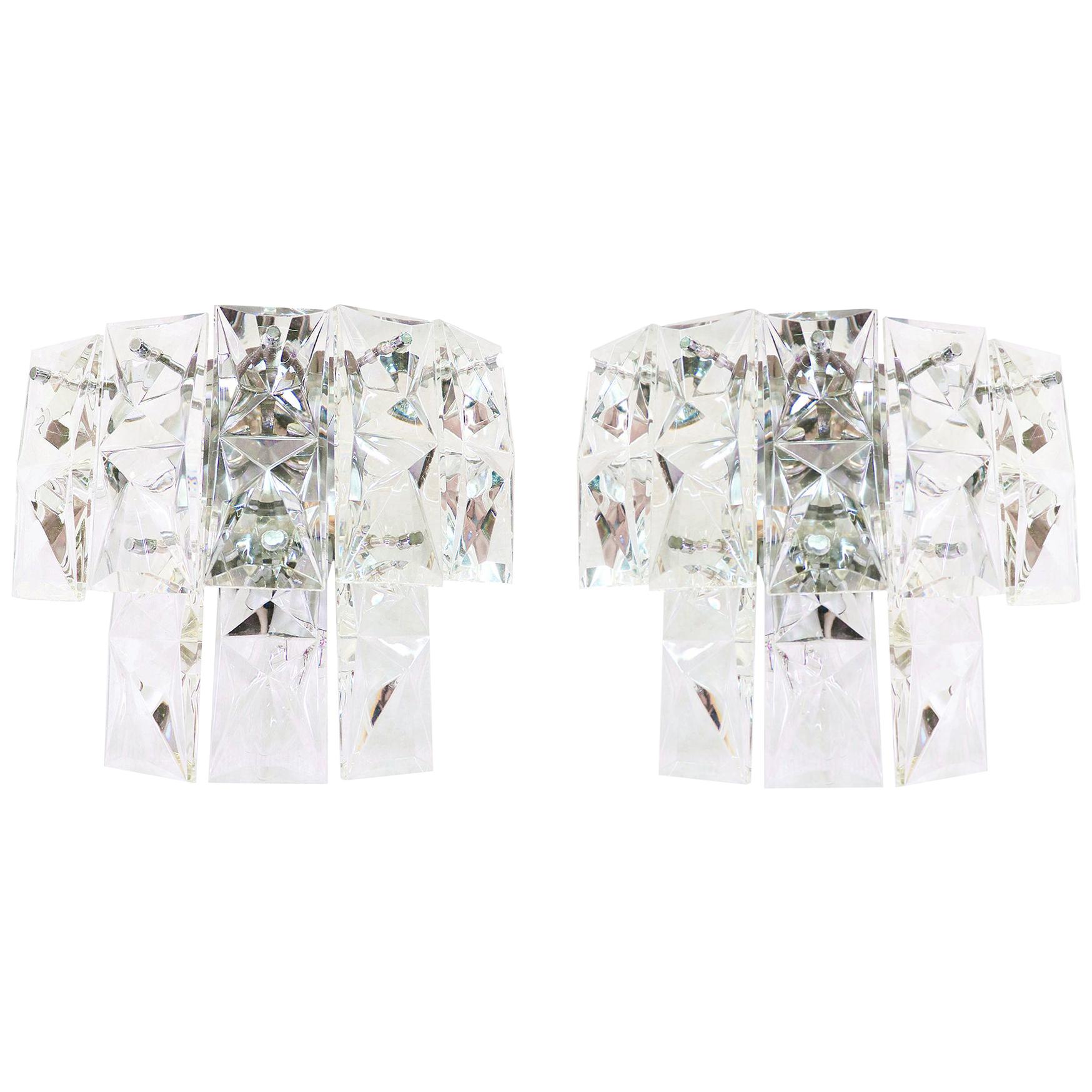 Pair of Faceted Crystal & Chrome Wall Sconces by Kinkeldey, Germany 1960s