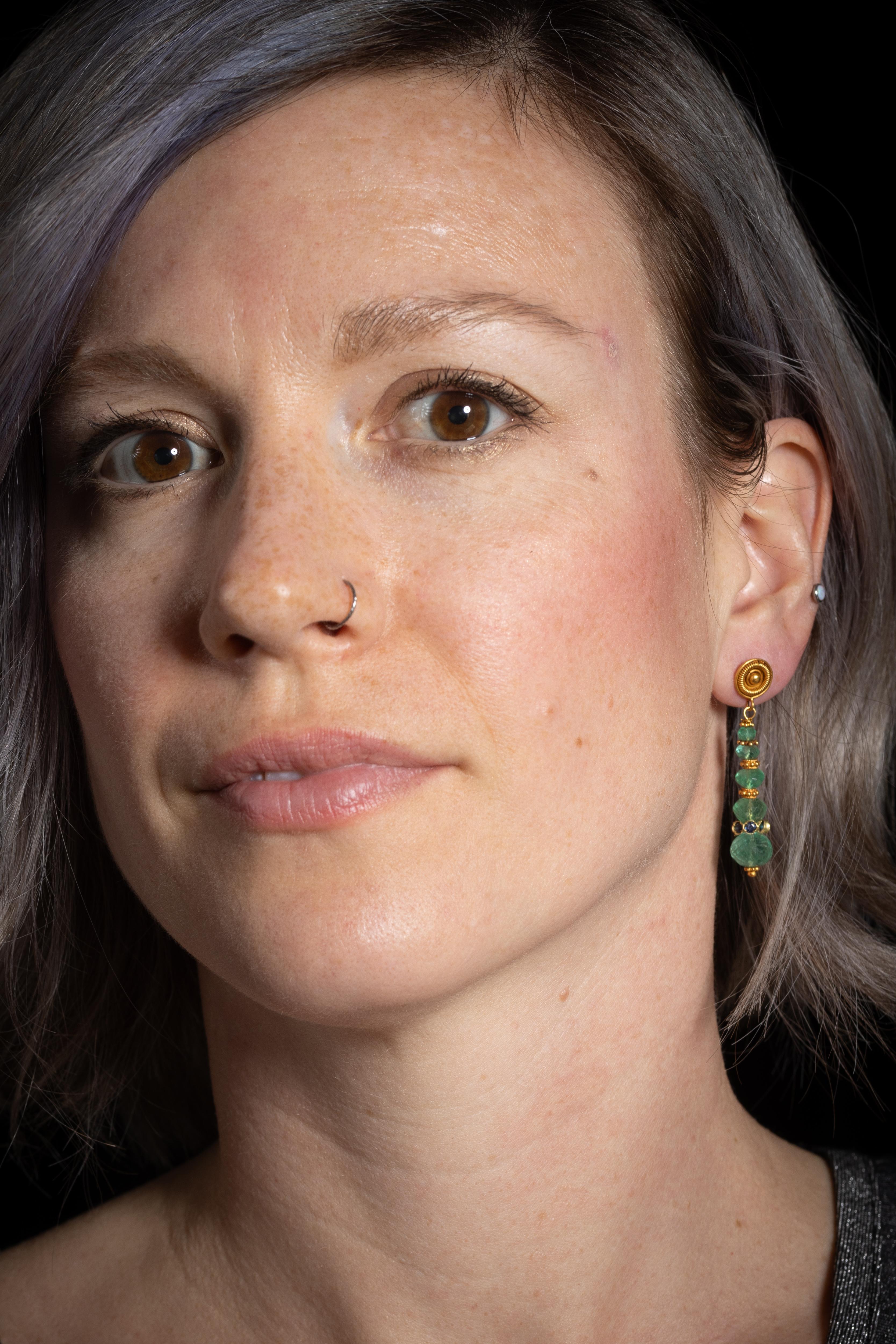 Bead Pair of Faceted Emerald and 22K Gold Earrings by Deborah Lockhart Phillips For Sale