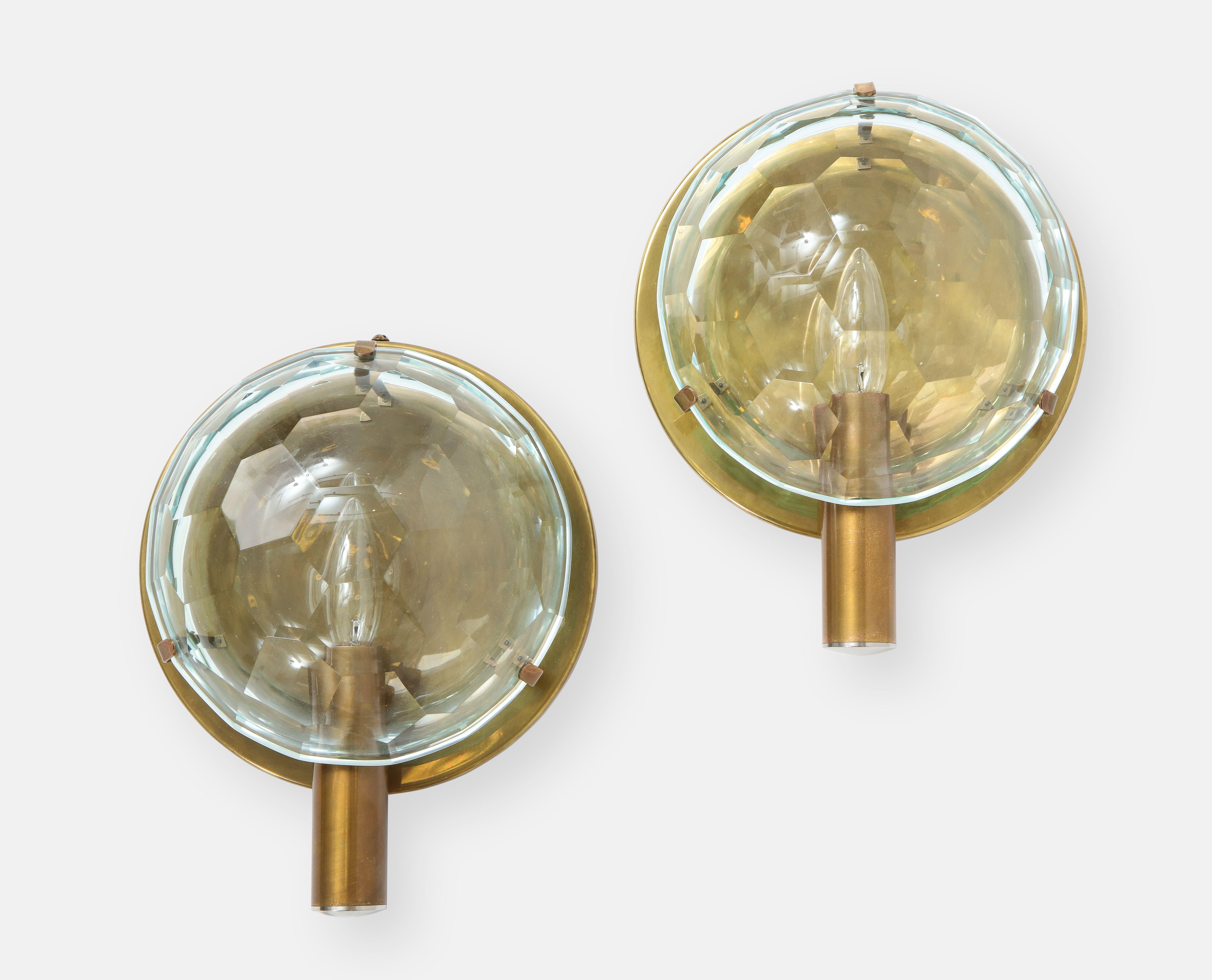 Mid-Century Modern Rare Pair of Faceted Crystal and Brass Sconces, Italy, 1950s
