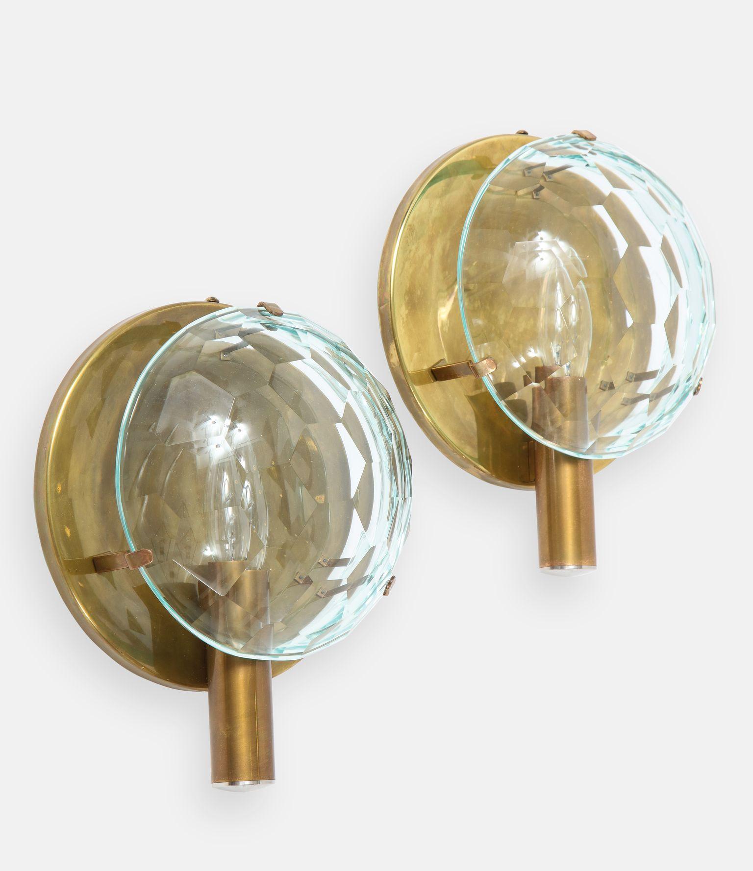 Italian Rare Pair of Faceted Crystal and Brass Sconces, Italy, 1950s