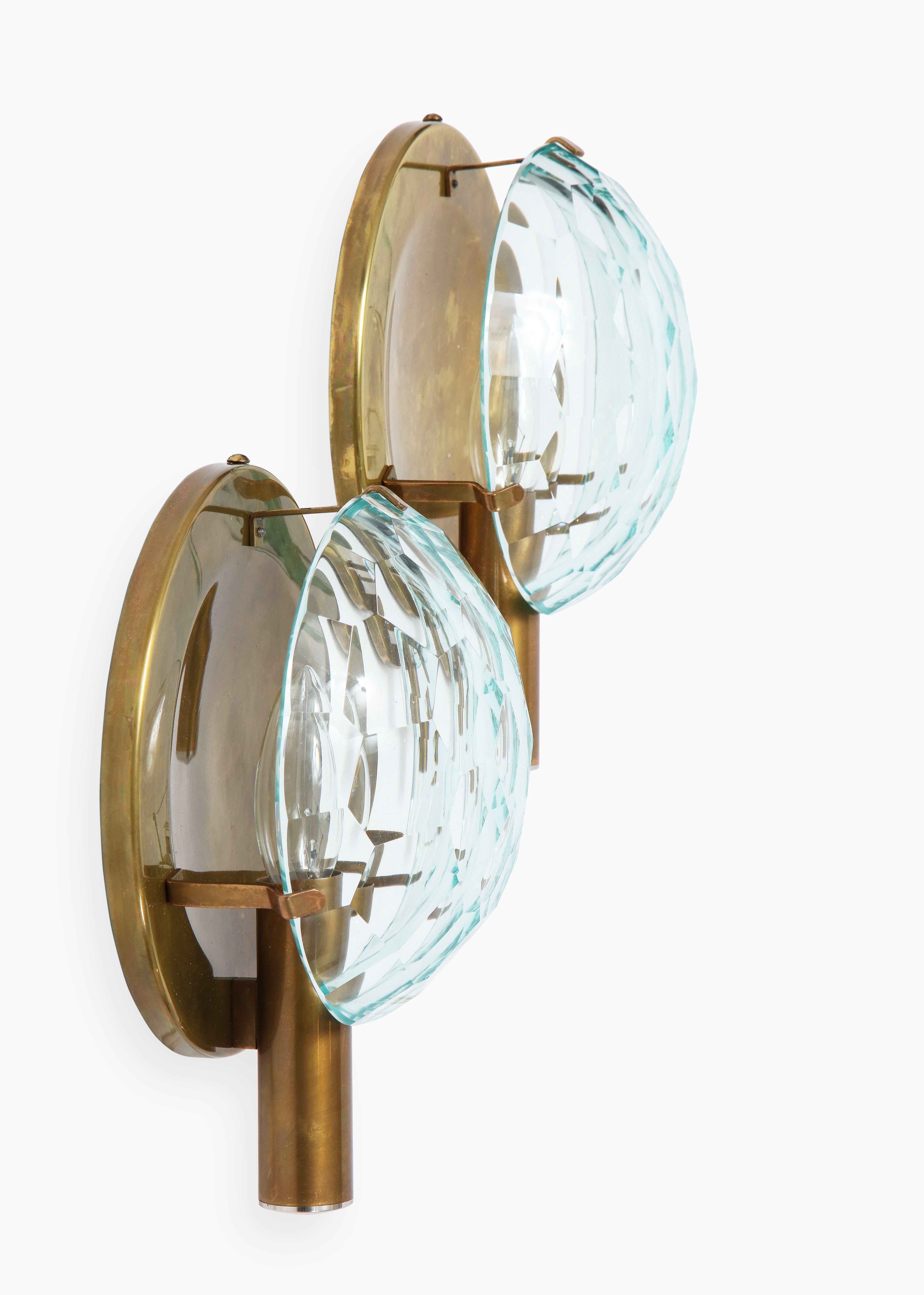 Rare Pair of Faceted Crystal and Brass Sconces, Italy, 1950s In Good Condition In New York, NY