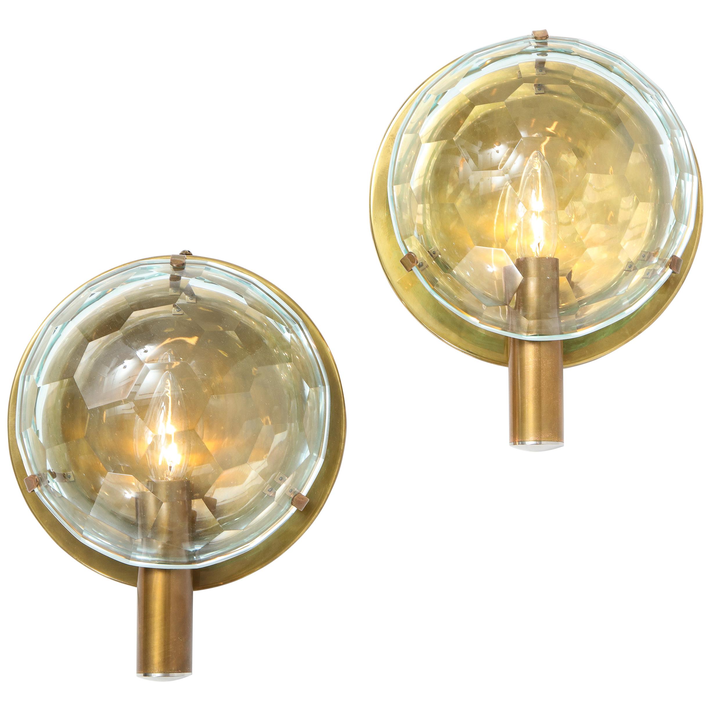 Rare Pair of Faceted Crystal and Brass Sconces, Italy, 1950s