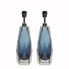Pair of Faceted Gray Blue Murano Glass Table Lamps, Medium