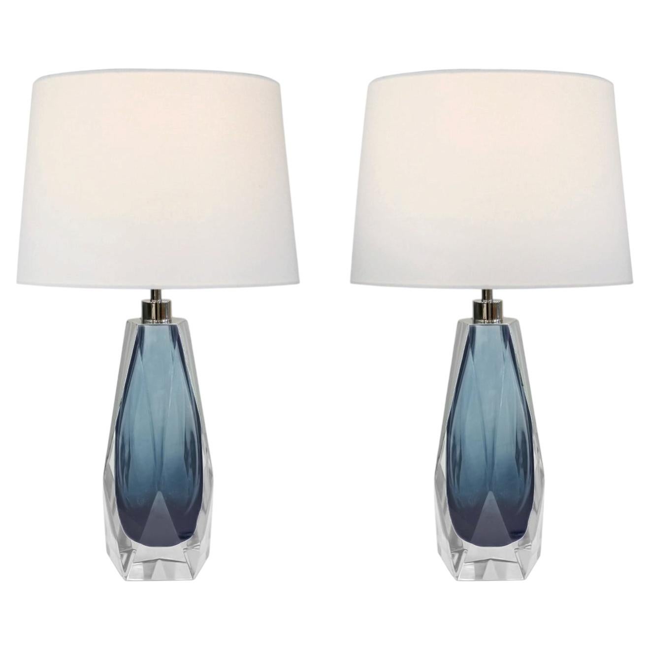 Pair of Faceted Gray Blue Murano Glass Table Lamps, Medium