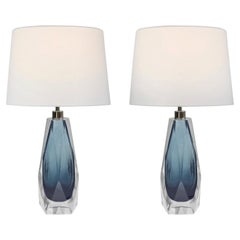 Pair of Faceted Gray Blue Murano Glass Table Lamps, Medium