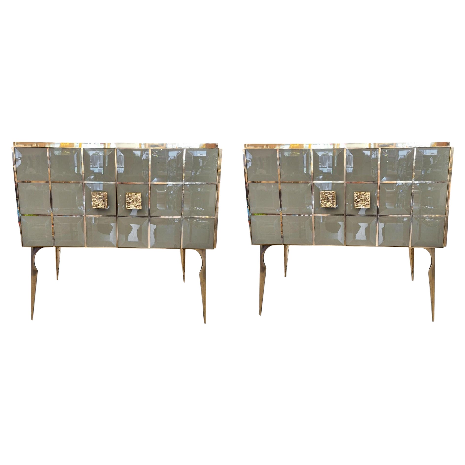 Pair of Faceted Murano Glass and Gilded Brass Consoles, Circa 1960/70