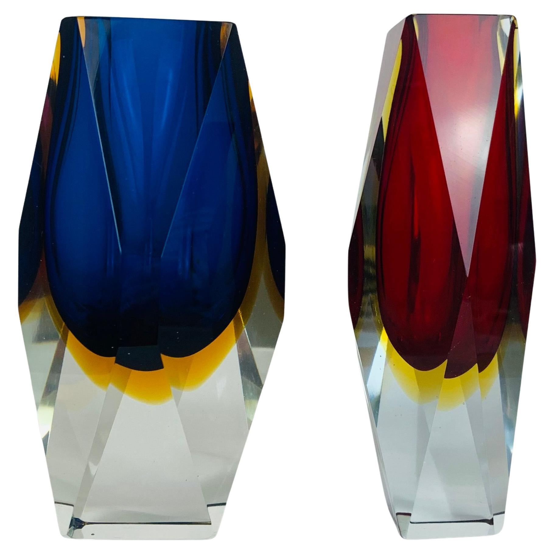 Pair of faceted Murano Sommerso glass vases by Alessandro Mandruzzato