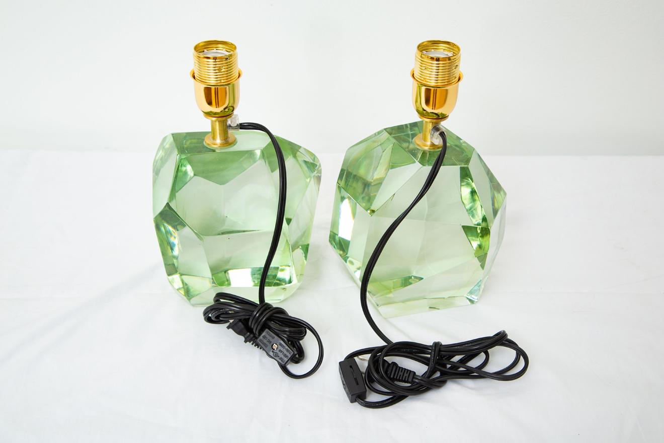 Pair of Faceted Murano Translucent Green Glass Table Lamps, in Stock 4