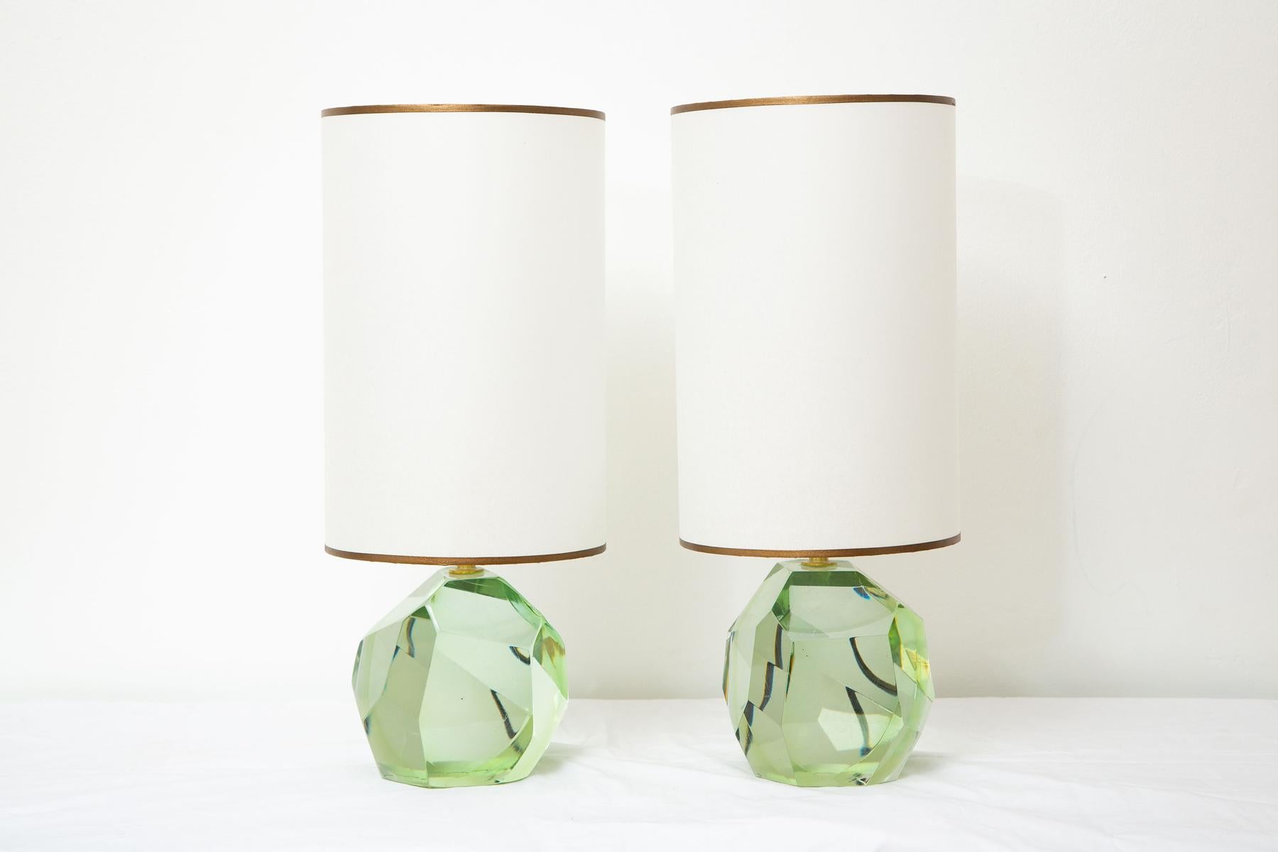 Pair of faceted diamond shaped murano green glass table lamps, in stock
Studio-made with translucent murano glass in aqua green hue.
Located in our store in Miami ready for shipping now.
Shades are included
Dimensions are with shades.
