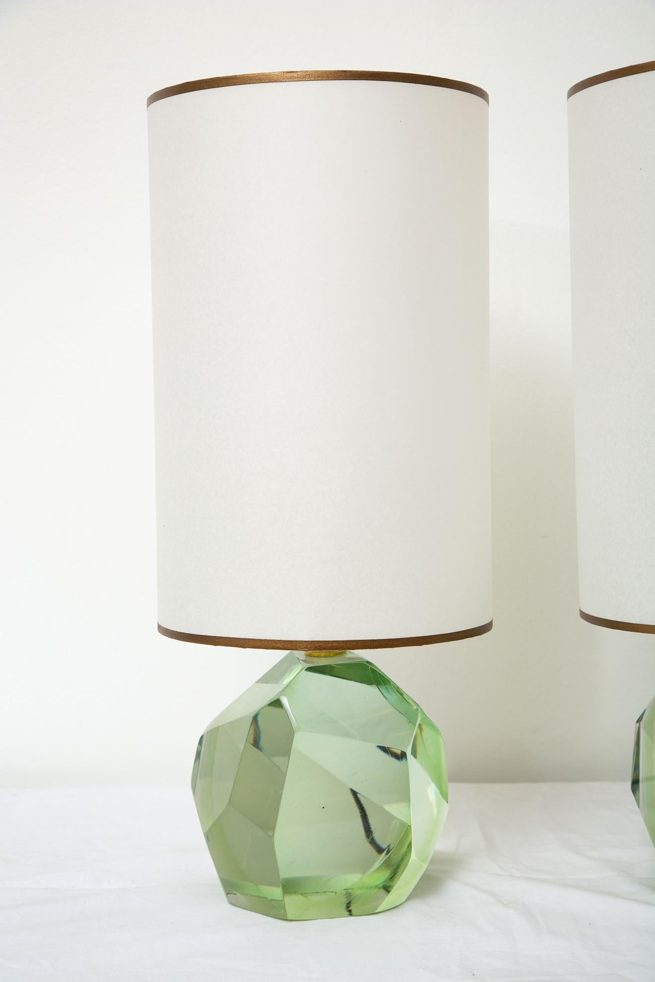 Mid-Century Modern Pair of Faceted Murano Translucent Green Glass Table Lamps, in Stock