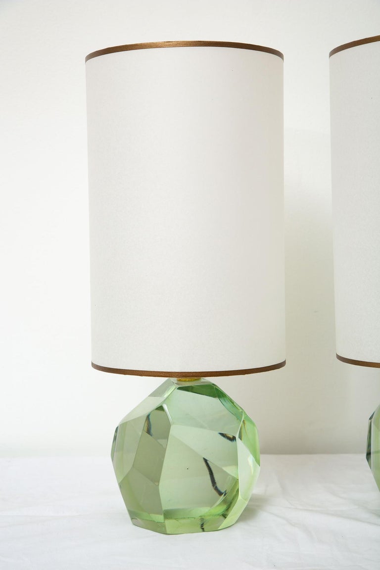 Mid-Century Modern Pair of Faceted Murano Translucent Green Glass Table Lamps, in Stock For Sale
