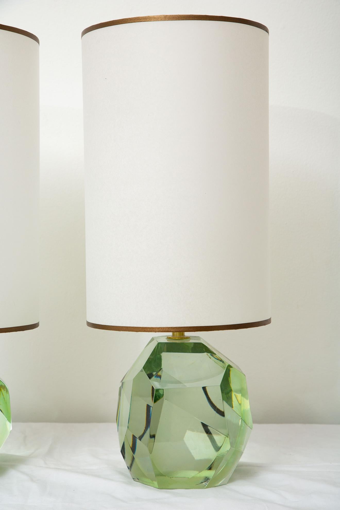 Italian Pair of Faceted Murano Translucent Green Glass Table Lamps, in Stock