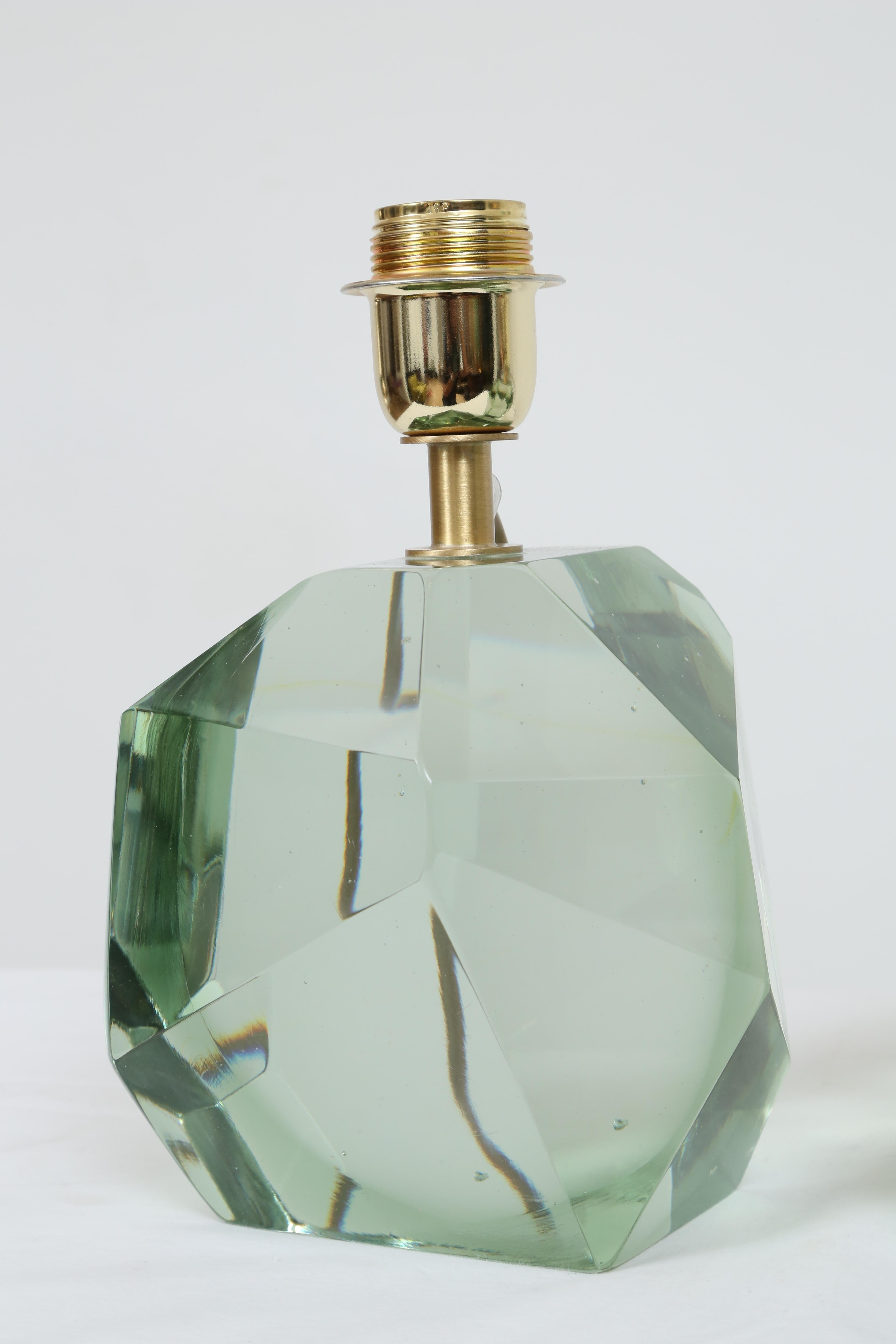 Italian Pair of Faceted Murano Translucent Green Glass Table Lamps, in Stock