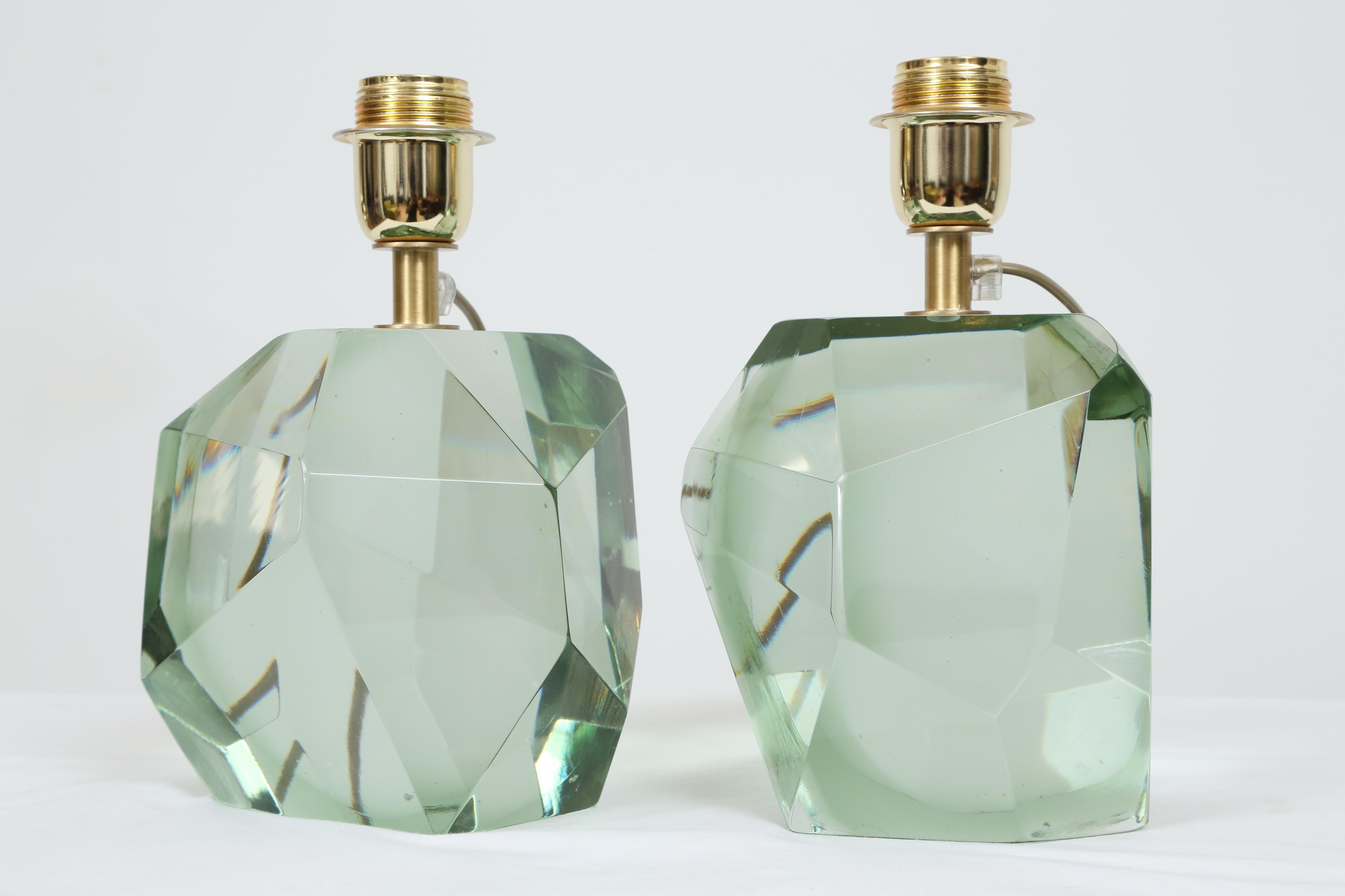 Pair of Faceted Murano Translucent Green Glass Table Lamps, in Stock In New Condition In Miami, FL