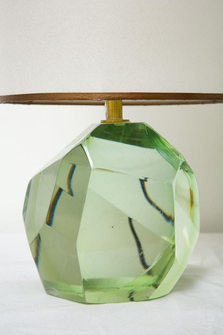Pair of Faceted Murano Translucent Green Glass Table Lamps, in Stock In Excellent Condition For Sale In Miami, FL