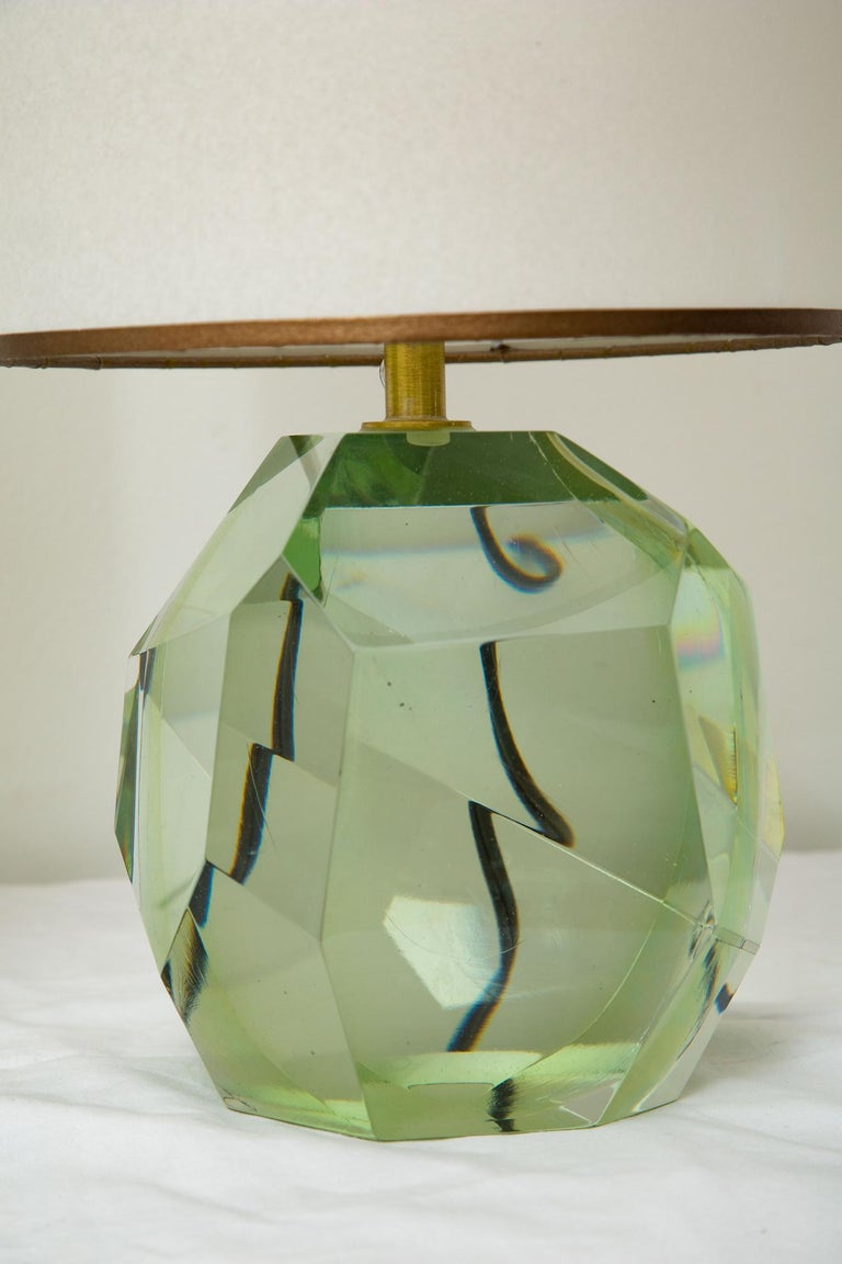 Contemporary Pair of Faceted Murano Translucent Green Glass Table Lamps, in Stock For Sale