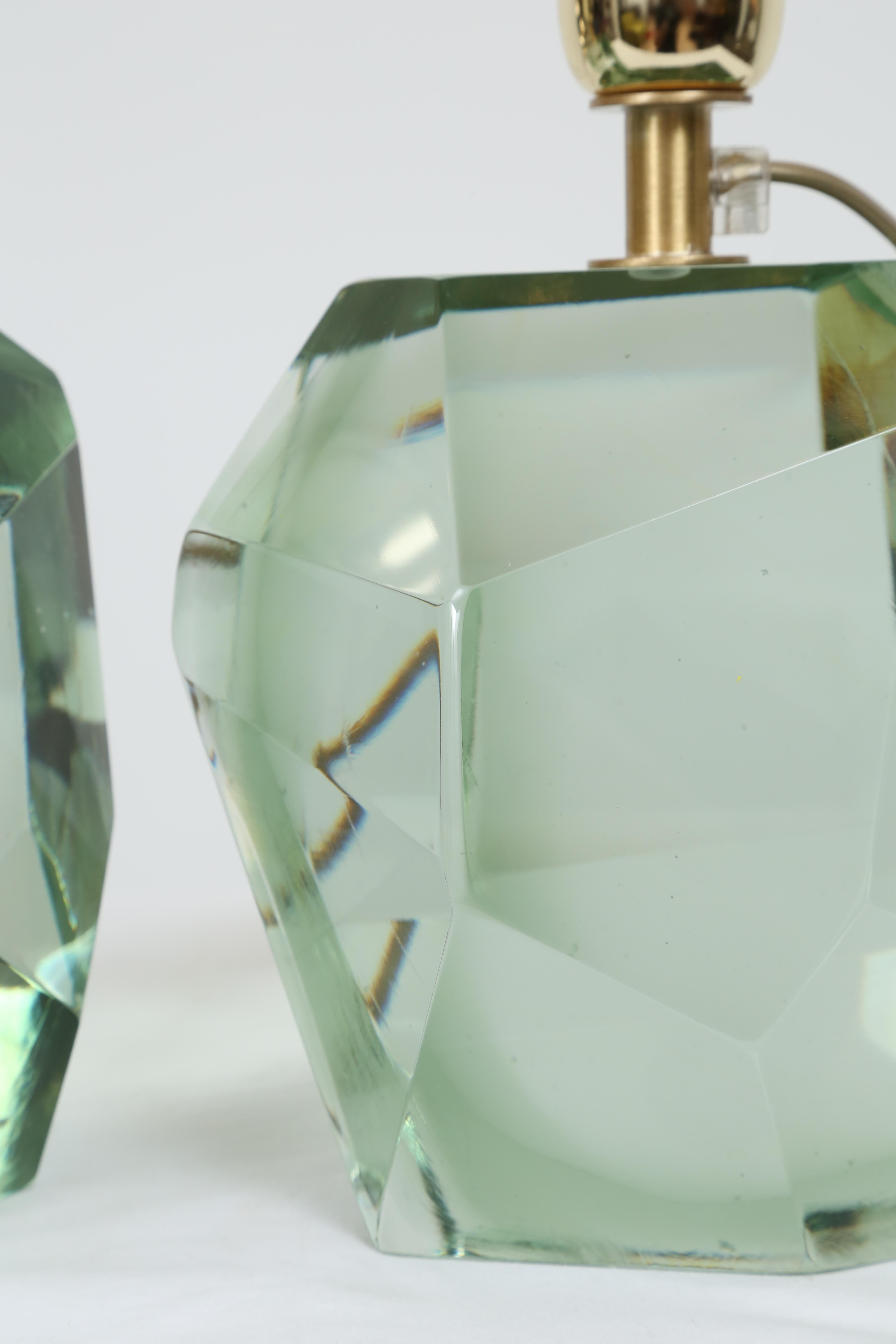 Contemporary Pair of Faceted Murano Translucent Green Glass Table Lamps, in Stock