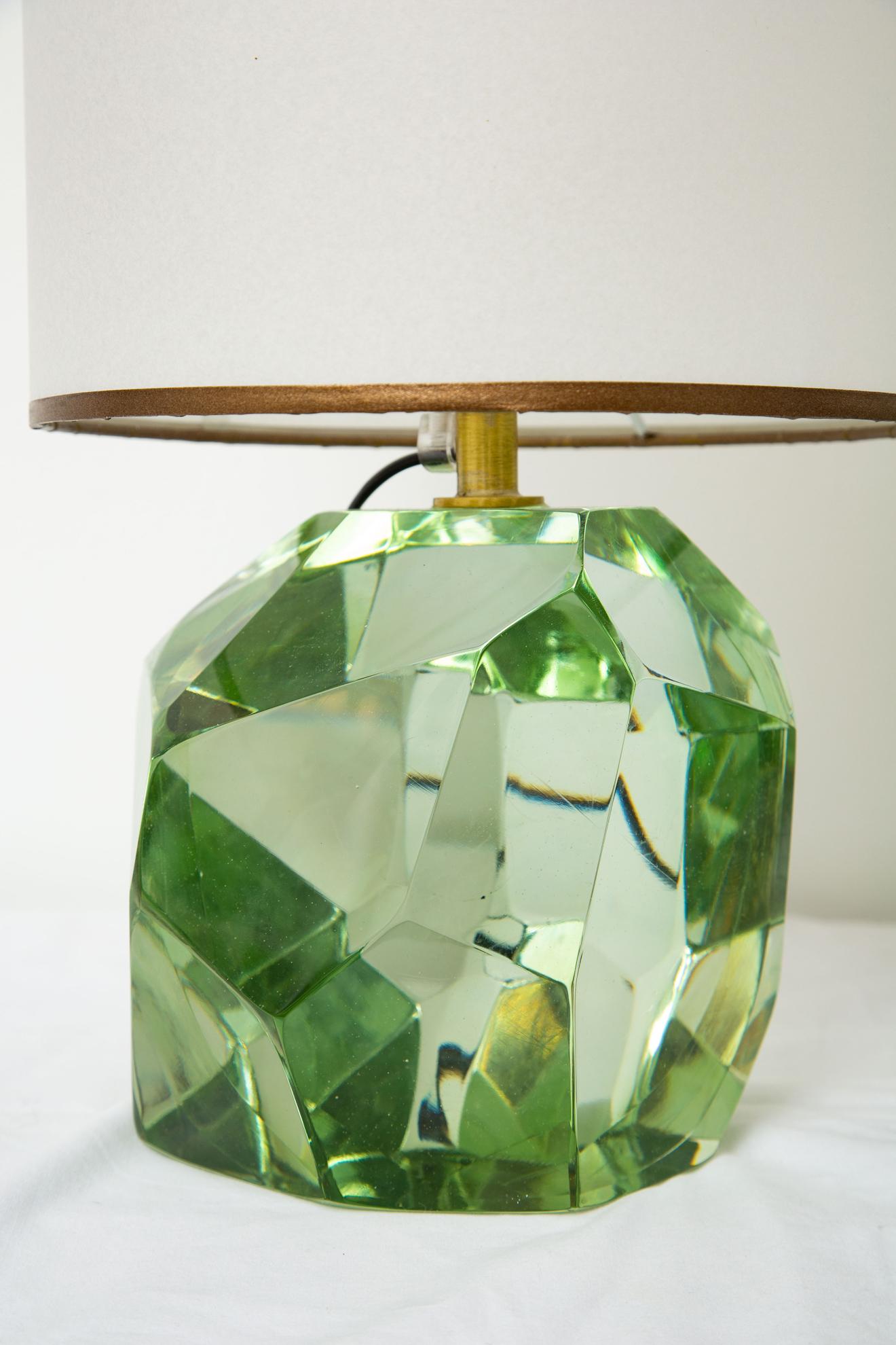 Murano Glass Pair of Faceted Murano Translucent Green Glass Table Lamps, in Stock