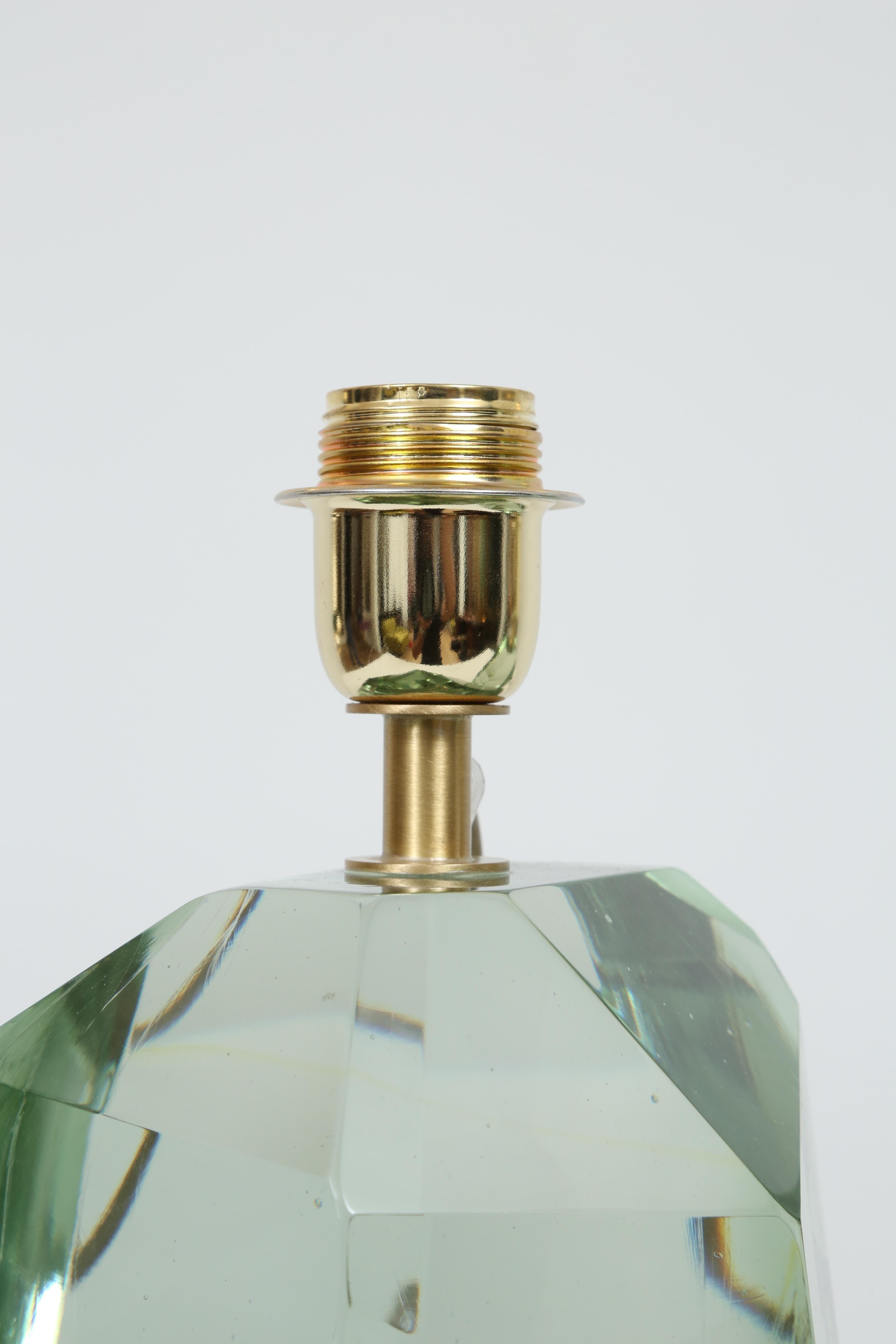 Brass Pair of Faceted Murano Translucent Green Glass Table Lamps, in Stock