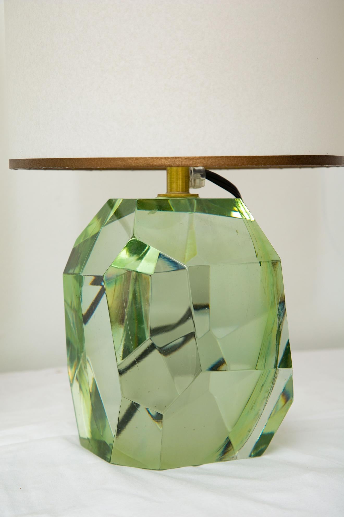 Pair of Faceted Murano Translucent Green Glass Table Lamps, in Stock 1