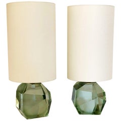 Pair of Faceted Murano Translucent Green Glass Table Lamps, in Stock